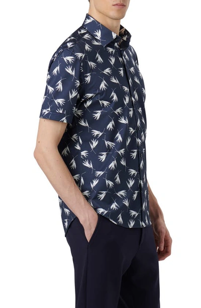 Shop Bugatchi Miles Ooohcotton® Frond Print Short Sleeve Button-up Shirt In Navy