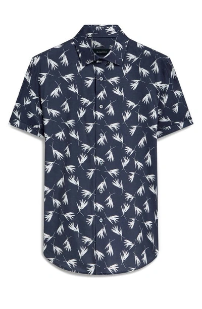 Shop Bugatchi Miles Ooohcotton® Frond Print Short Sleeve Button-up Shirt In Navy