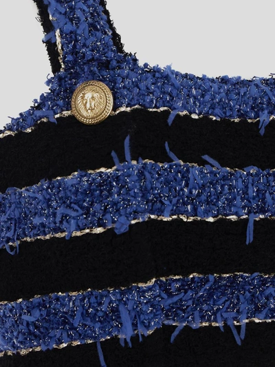 Shop Balmain Striped Tweed Crop Top In Noirbleuor