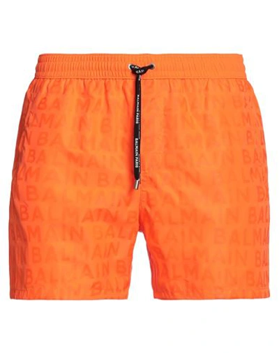 Shop Balmain Man Swim Trunks Orange Size M Cotton, Polyamide