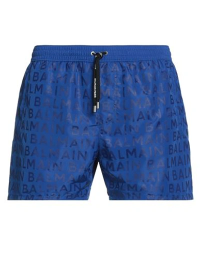 Shop Balmain Man Swim Trunks Bright Blue Size Xl Cotton, Polyamide
