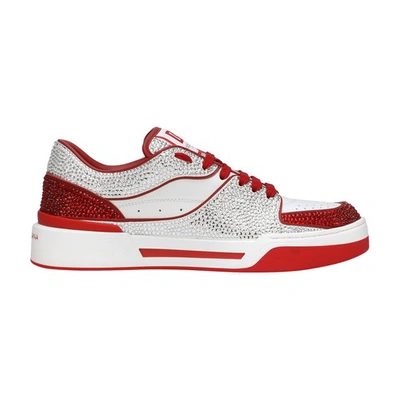 Shop Dolce & Gabbana New Roma Calfskin Leather Sneakers With Thermoset Crystals In White_red