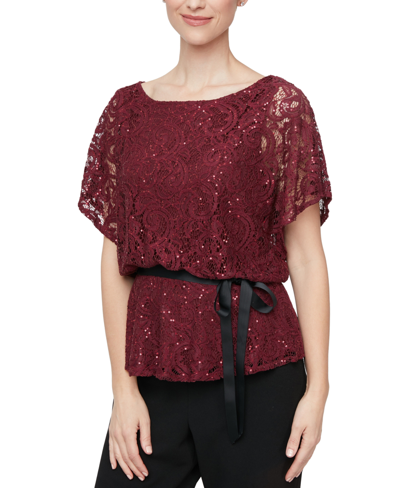 Shop Alex Evenings Sequined Lace Flutter-sleeve Blouse In Wine