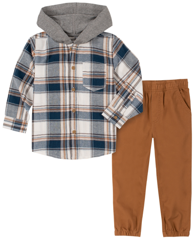 Shop Kids Headquarters Baby Boys Knit-hooded Plaid Button-front Shirt And Twill Joggers, Set In Blue