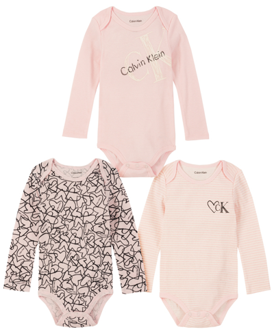 Shop Calvin Klein Baby Girls Logo, Print And Stripe Long Sleeve Bodysuits, Pack Of 3 In Pink