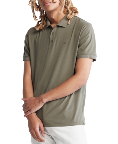 Shop Calvin Klein Men's Regular-fit Smooth Cotton Monogram Logo Polo Shirt In Dusty Olive
