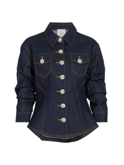Shop Cinq À Sept Women's Canyon Jeweled Scrunched-sleeve Denim Jacket In Indigo