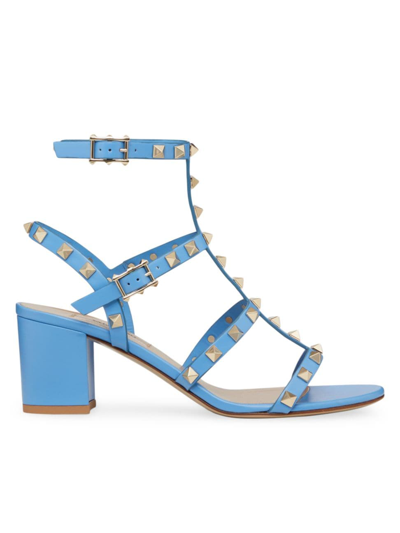 Shop Valentino Women's Rockstud Calfskin Ankle Strap Sandals In Denim