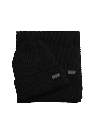 Shop Barbour Logo Beanie And Scarf Set In Black