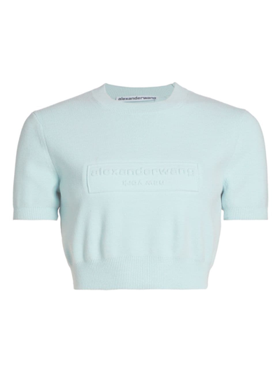 Shop Alexander Wang Women's Short-sleeve Embossed Logo Sweater In Ariel Blue