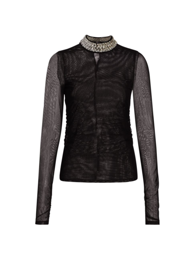Shop Cinq À Sept Women's Embellished Shirred Mesh Turtleneck Top In Black