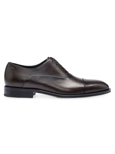 Shop Hugo Boss Men's Italian-made Leather Oxford Shoes With Branding In Brown