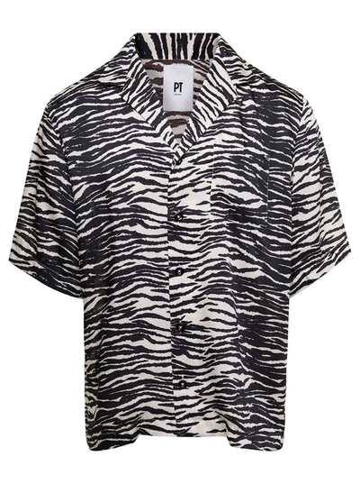 Shop Pt Torino Zebra Print Bowling Shirt In White And Black Technical Fabric Man In White/black