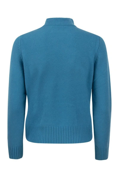 Shop Mc2 Saint Barth Wool And Cashmere Blend Jumper With Vintage Postcard Print In Light Blue