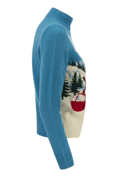 Shop Mc2 Saint Barth Wool And Cashmere Blend Jumper With Vintage Postcard Print In Light Blue