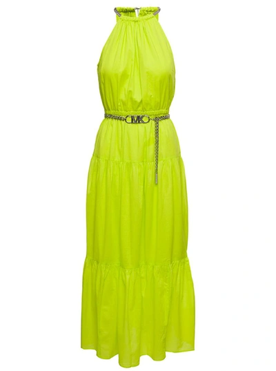 Shop Michael Michael Kors Neon Yellow Halter Neck Maxi Dress With Chain Belt With Logo In Cotton Woman