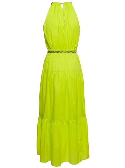 Shop Michael Michael Kors Neon Yellow Halter Neck Maxi Dress With Chain Belt With Logo In Cotton Woman
