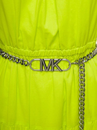 Shop Michael Michael Kors Neon Yellow Halter Neck Maxi Dress With Chain Belt With Logo In Cotton Woman