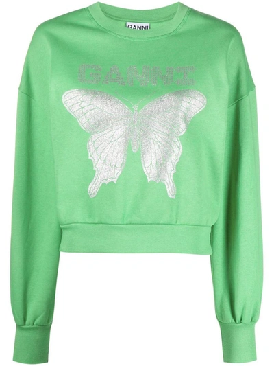 Shop Ganni Butterfly Organic Cotton Sweatshirt In Green