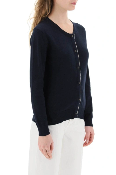 Shop Barbour 'bredon' Cotton Cashmere Cardigan With Tartan Detailing In Blue