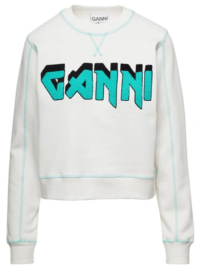 Shop Ganni White Crewneck Sweater With Logo Print And Contrasting Stitching In Cotton Woman