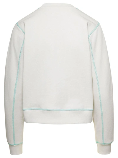 Shop Ganni White Crewneck Sweater With Logo Print And Contrasting Stitching In Cotton Woman