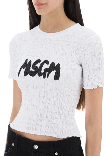 Shop Msgm Smocked T-shirt With Logo Print In White