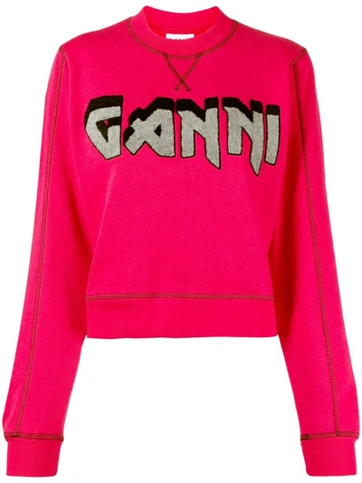 Shop Ganni Logo Organic Cotton Sweatshirt In Fuchsia