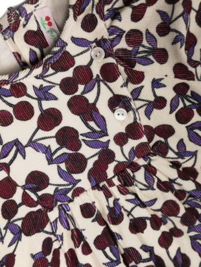 Shop Bonpoint Cherry-print Button-up Corduroy Dress In Neutrals