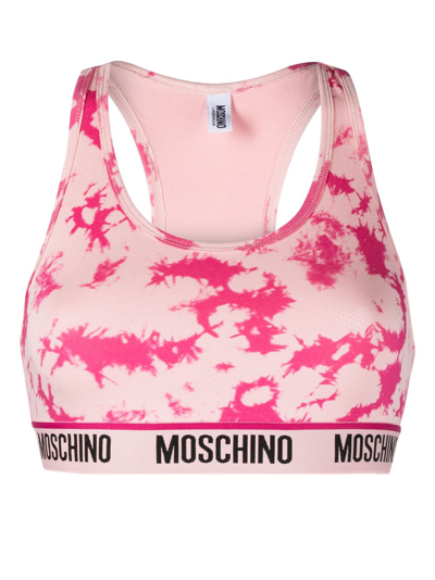 Shop Moschino Abstract-print Logo-tape Bra In Pink