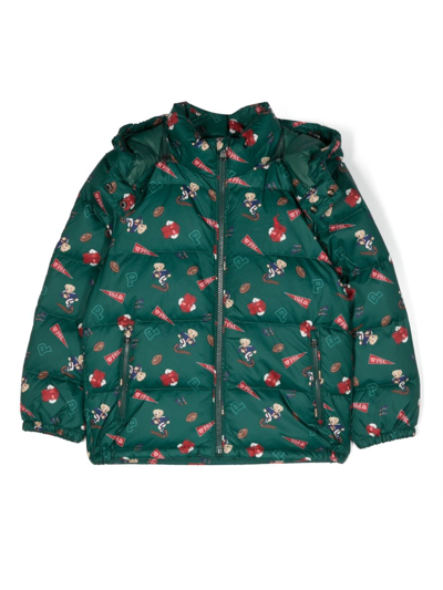 Shop Ralph Lauren Polo Bear Hooded Down Jacket In Green