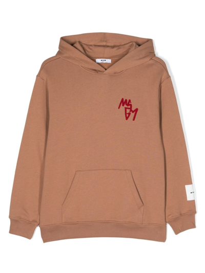 Shop Msgm Logo-embroidered Cotton Hoodie In Brown