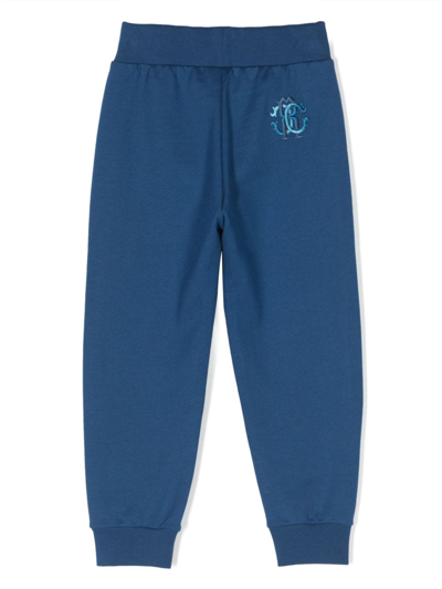 Shop Roberto Cavalli Junior Logo-embroidered Cotton Trousers In Blue