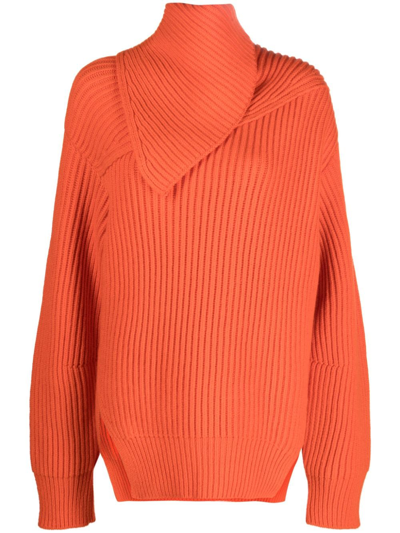 Shop Jil Sander Foldover-neck Ribbed Wool Jumper In Orange