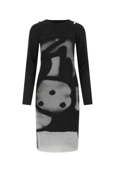 Givenchy Layered Printed Tulle And Cotton-jersey Midi Dress In 001