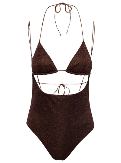 Shop Oseree 'lumiere Kini Maillot' Brown Swimsuit With Cut-out Detail In Lurex Woman