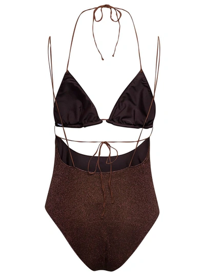 Shop Oseree 'lumiere Kini Maillot' Brown Swimsuit With Cut-out Detail In Lurex Woman