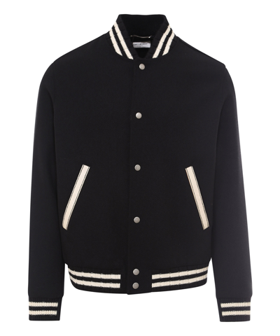 Saint Laurent Teddy Logo Patch Wool Blend Bomber Jacket In Black