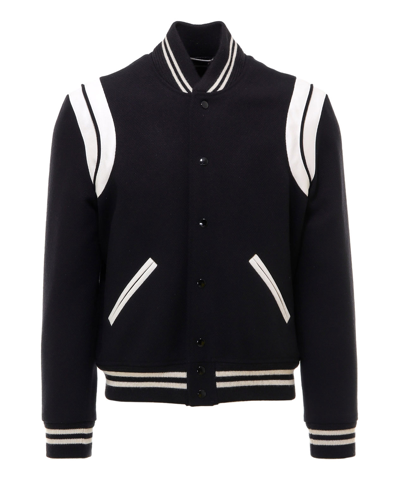 Saint Laurent Men Teddy Varsity Bomber Jacket In Black
