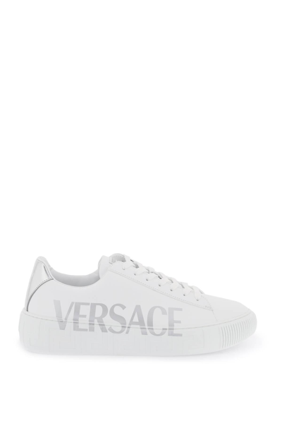 Shop Versace 'greca' Sneakers With Logo In White,silver