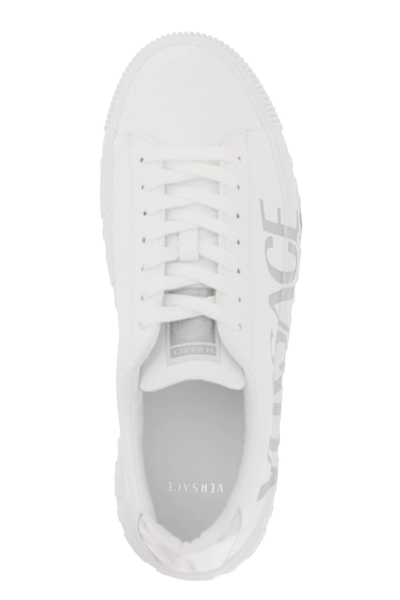 Shop Versace 'greca' Sneakers With Logo In White,silver
