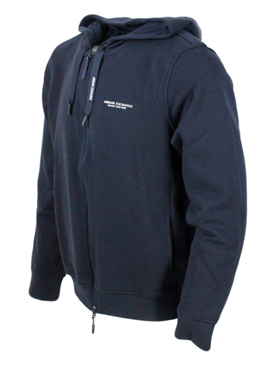 Shop Armani Collezioni Long Sleeve Full Zip Drawstring Hoodie With Small Chest Logo In Blu