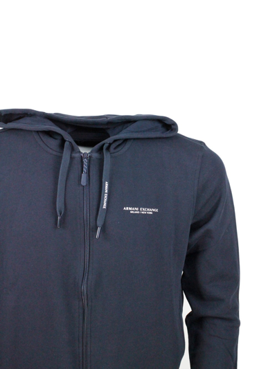 Shop Armani Collezioni Long Sleeve Full Zip Drawstring Hoodie With Small Chest Logo In Blu