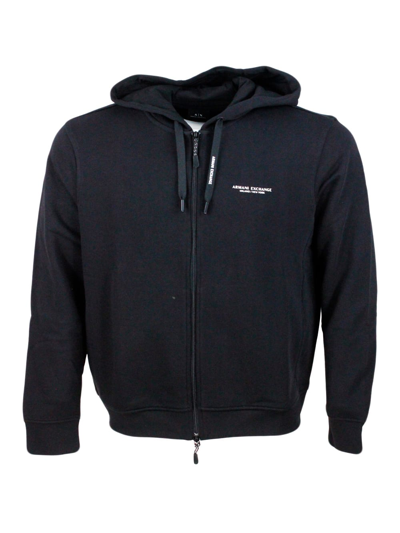 Shop Armani Collezioni Long Sleeve Full Zip Drawstring Hoodie With Small Chest Logo In Black