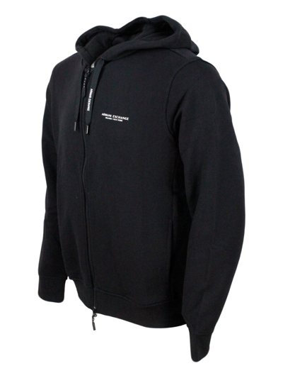 Shop Armani Collezioni Long Sleeve Full Zip Drawstring Hoodie With Small Chest Logo In Black