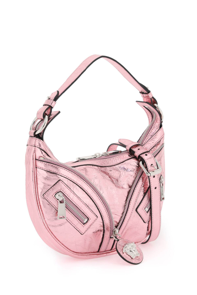 Shop Versace Metallic Leather Repeat Hobo Bag In Baby Pink New Palladium (metallic)