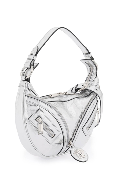 Shop Versace Metallic Leather Repeat Hobo Bag In Silver Palladium (silver)