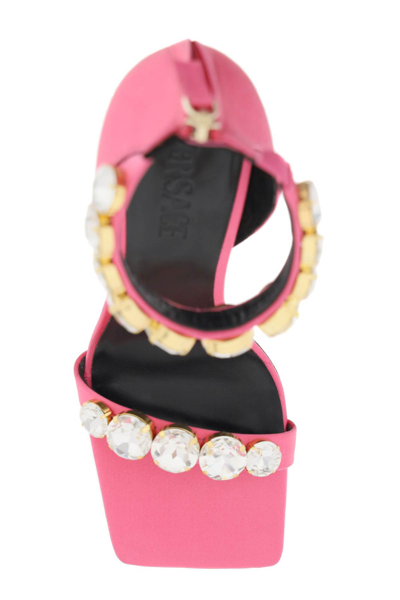 Shop Versace Satin Sandals With Crystals In Flamingo  Gold (pink)