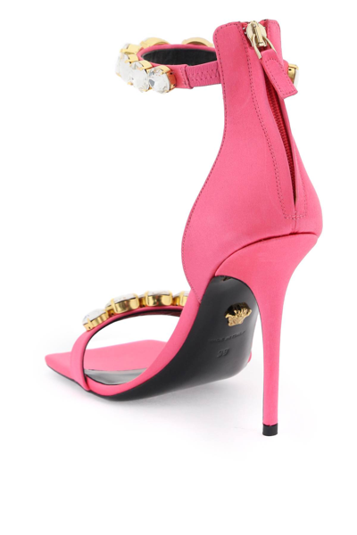 Shop Versace Satin Sandals With Crystals In Flamingo  Gold (pink)