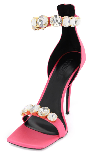 Shop Versace Satin Sandals With Crystals In Flamingo  Gold (pink)